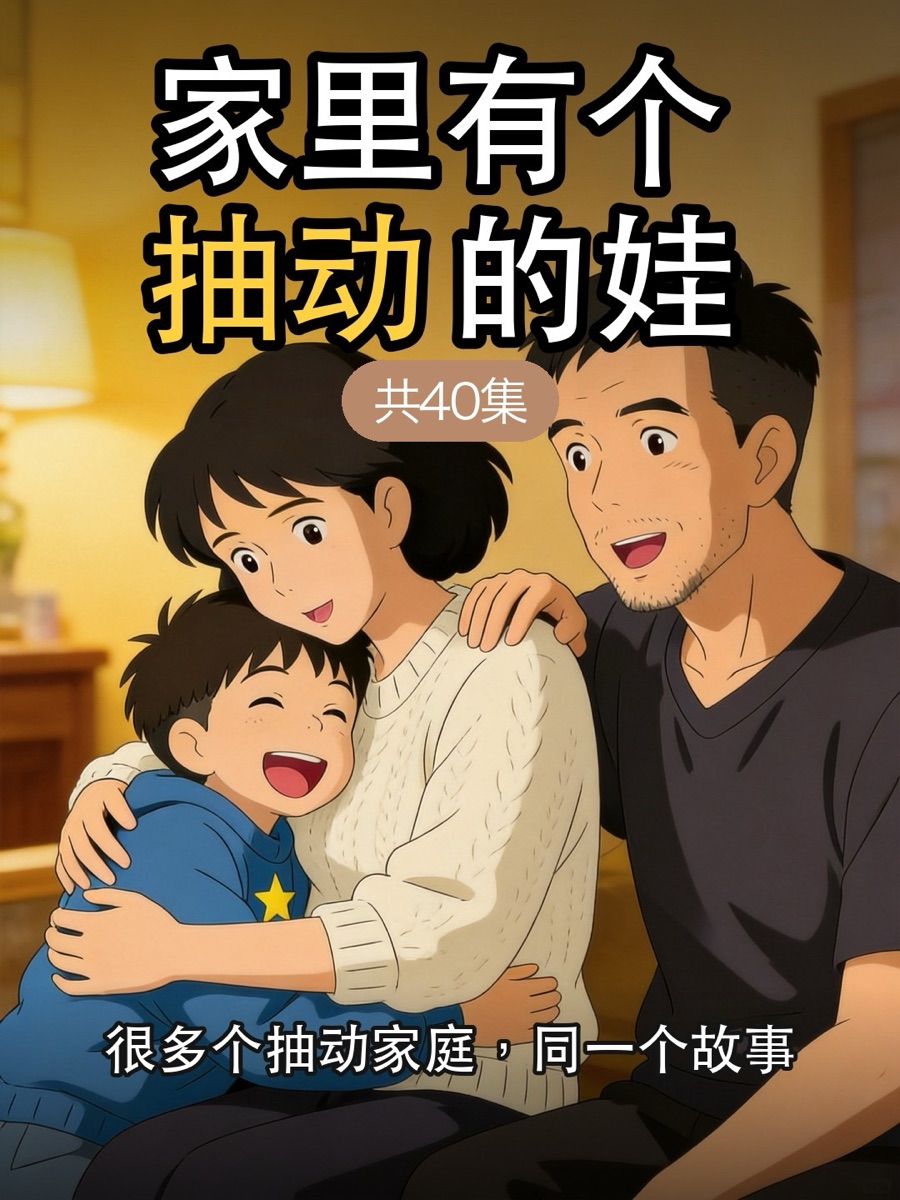 《家里有个抽动的娃》抽动日记漫剧封面——一对父母在家中搂着孩子，配文「很多个抽动家庭，同一个故事」
