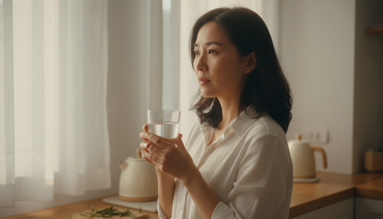 厨房窗前晨光中,妈妈端着水杯望向窗外,日常居家场景