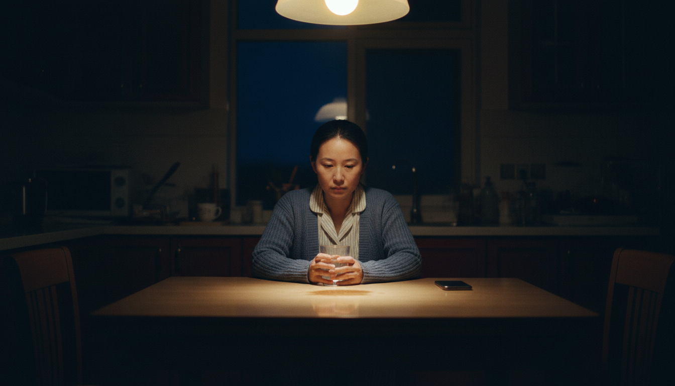 深夜厨房一盏灯下,妈妈独自坐在餐桌前,桌上有一杯水