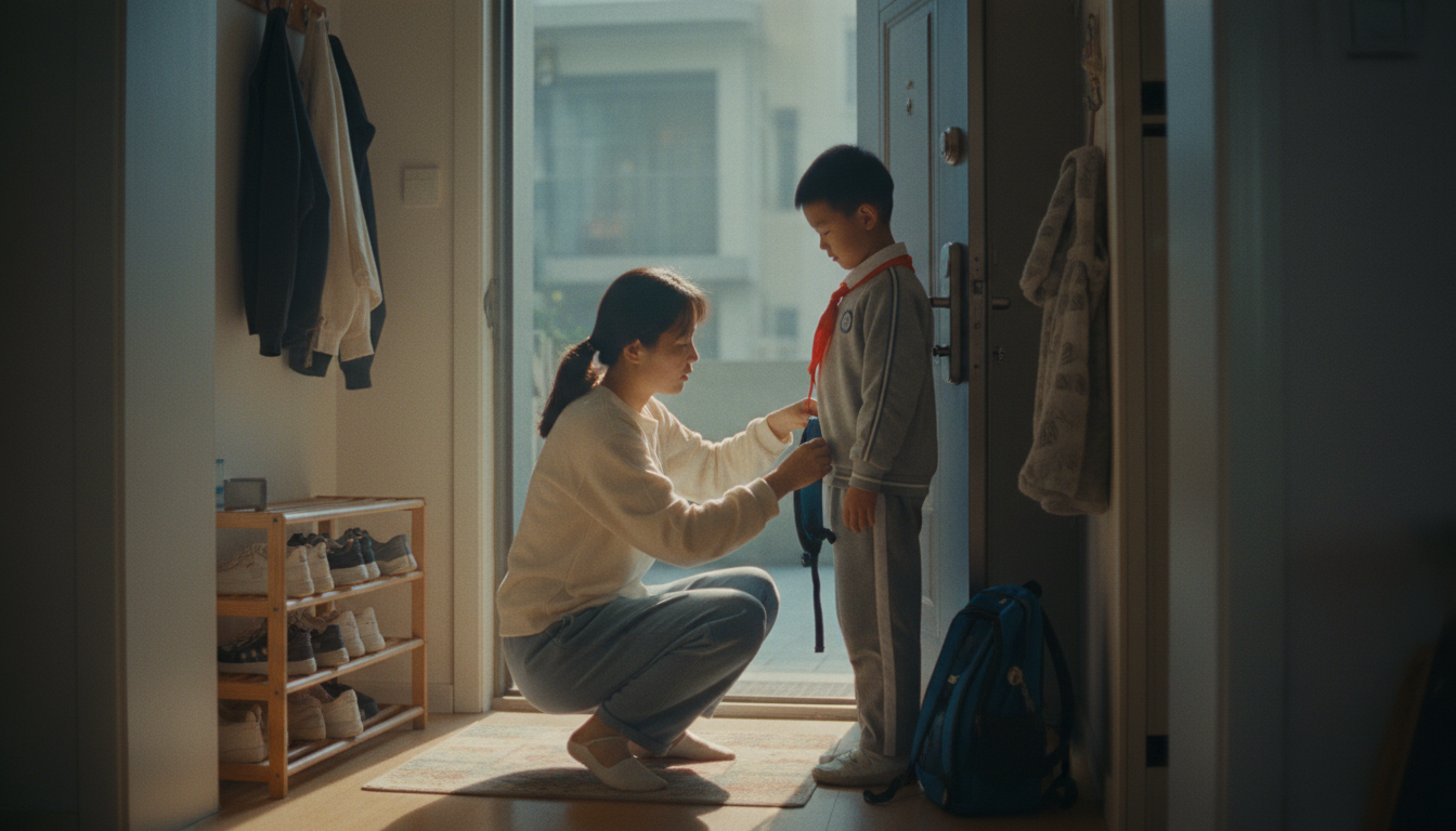 清晨家门口,妈妈正帮孩子整理书包准备出门上学