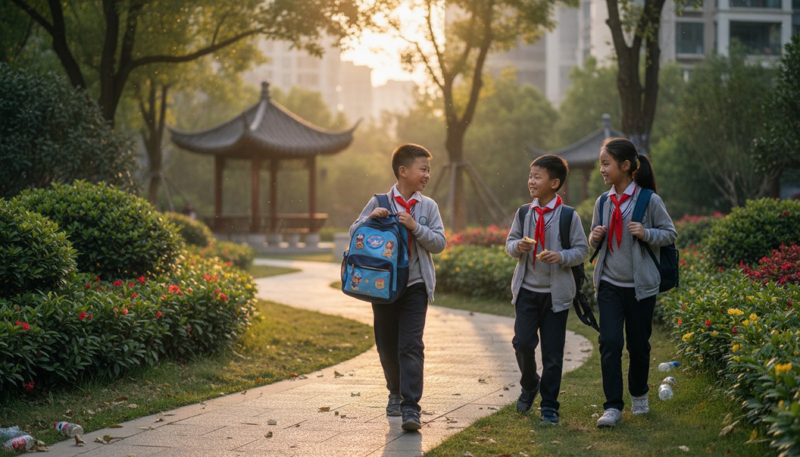 放学后小区花园,孩子和一两个朋友在一起,自然光,表情松弛