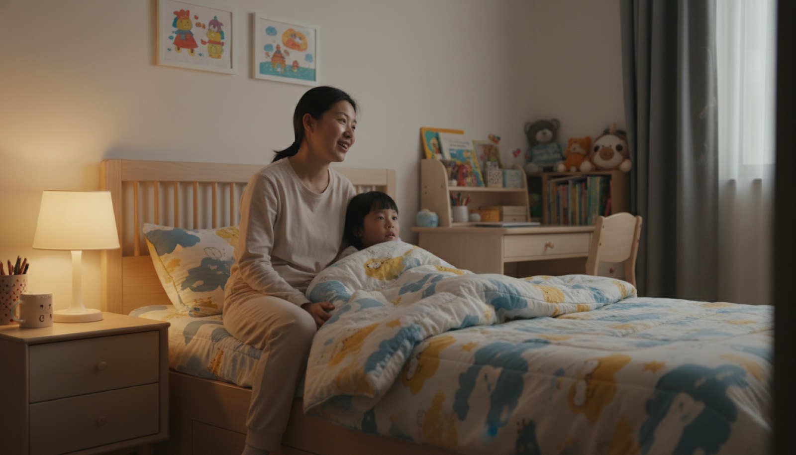 夜晚孩子卧室,床头灯调到暖光,妈妈坐在床边轻松地说话,孩子被子拉到下巴听着