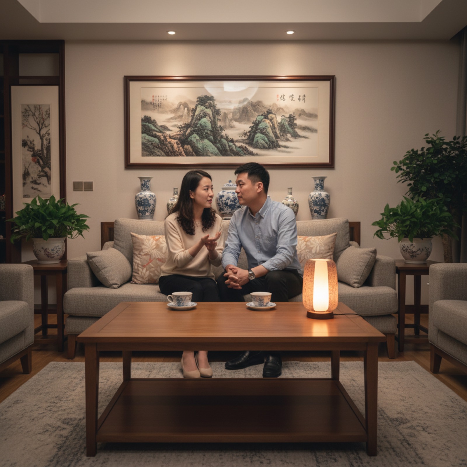 夜晚客厅夫妻坐着轻声商量,茶几上有水杯