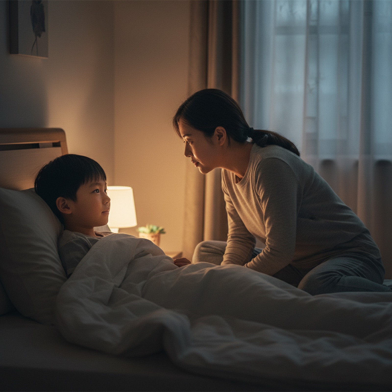 夜晚卧室妈妈坐床边低声跟孩子说话,孩子听着