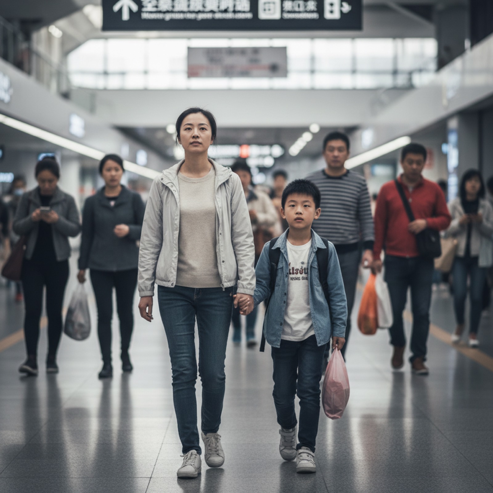 公共场合妈妈牵孩子手往前走眼睛看前方