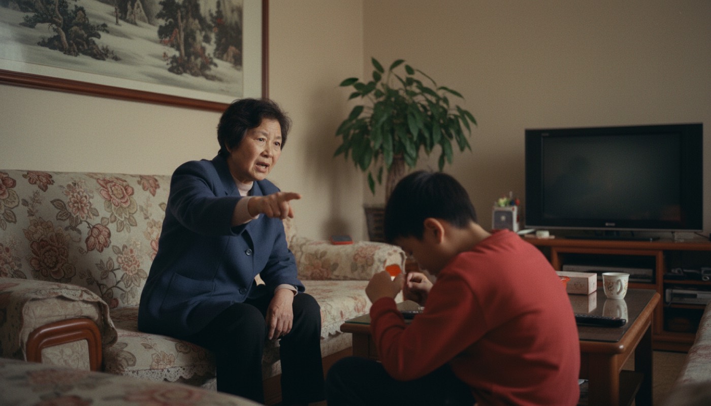 客厅里奶奶坐沙发指着孩子说话,孩子背影低头玩手指