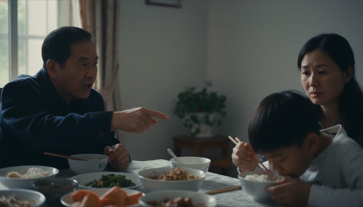 饭桌爷爷指着对面孩子说话孩子低头妈妈坐旁边