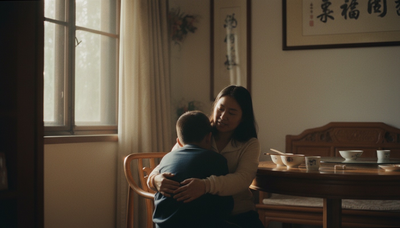 老家妈妈把孩子拉到身边坐下