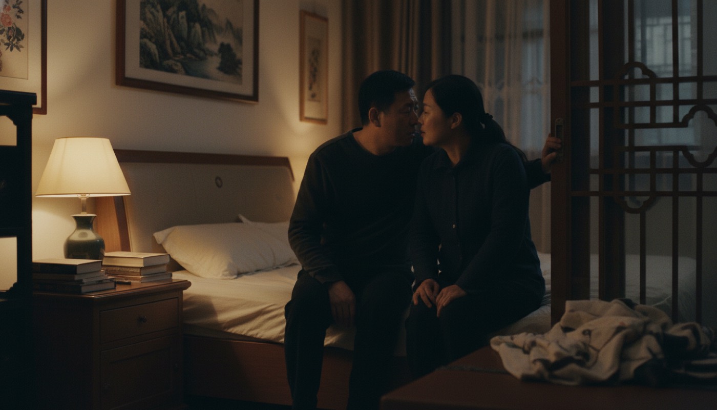 夜晚卧室夫妻关门商量