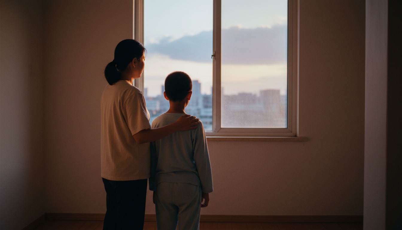 黄昏,妈妈和孩子并肩站在窗前看远方