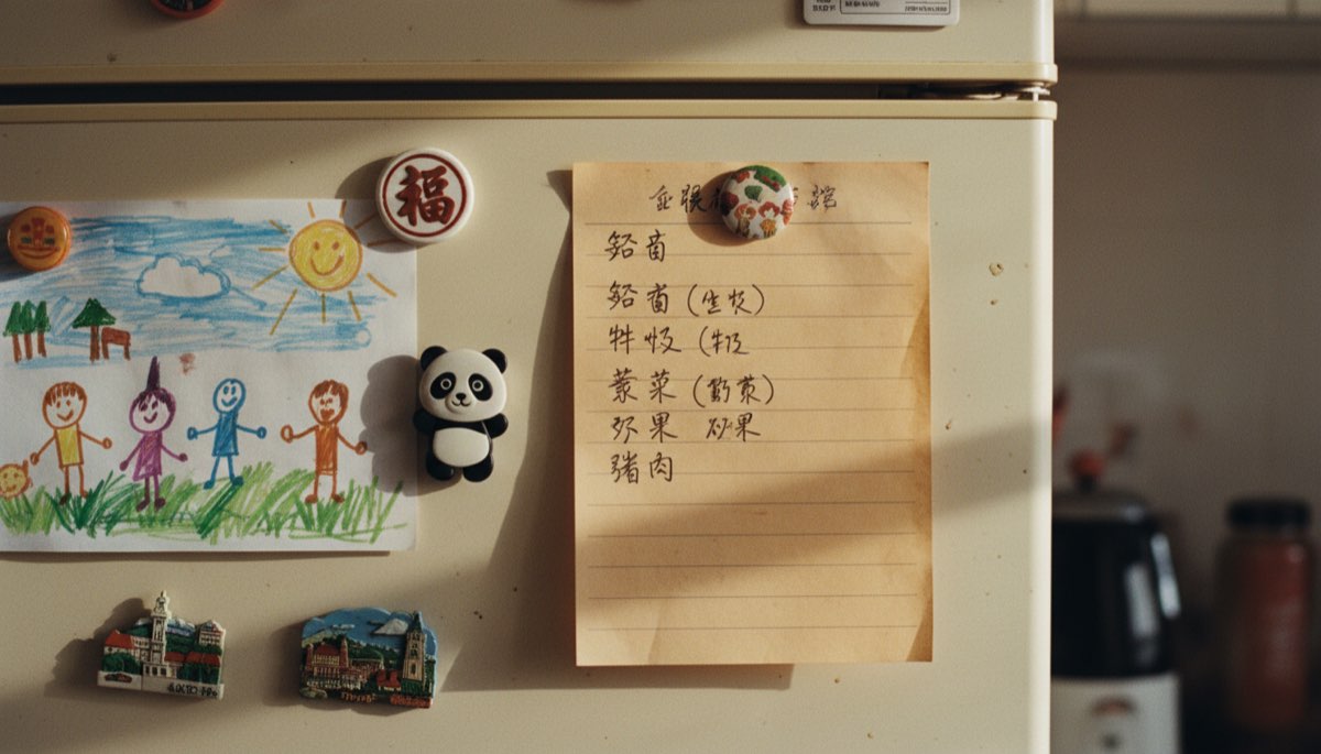 家里冰箱门上贴着一张手写的食物清单,旁边有冰箱贴