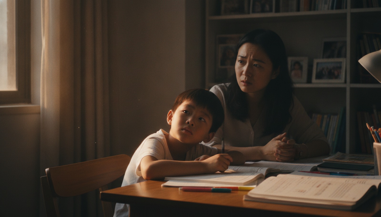 傍晚书桌前孩子写作业走神发呆，妈妈在一旁看着神情担忧，光线柔和氛围沉静
