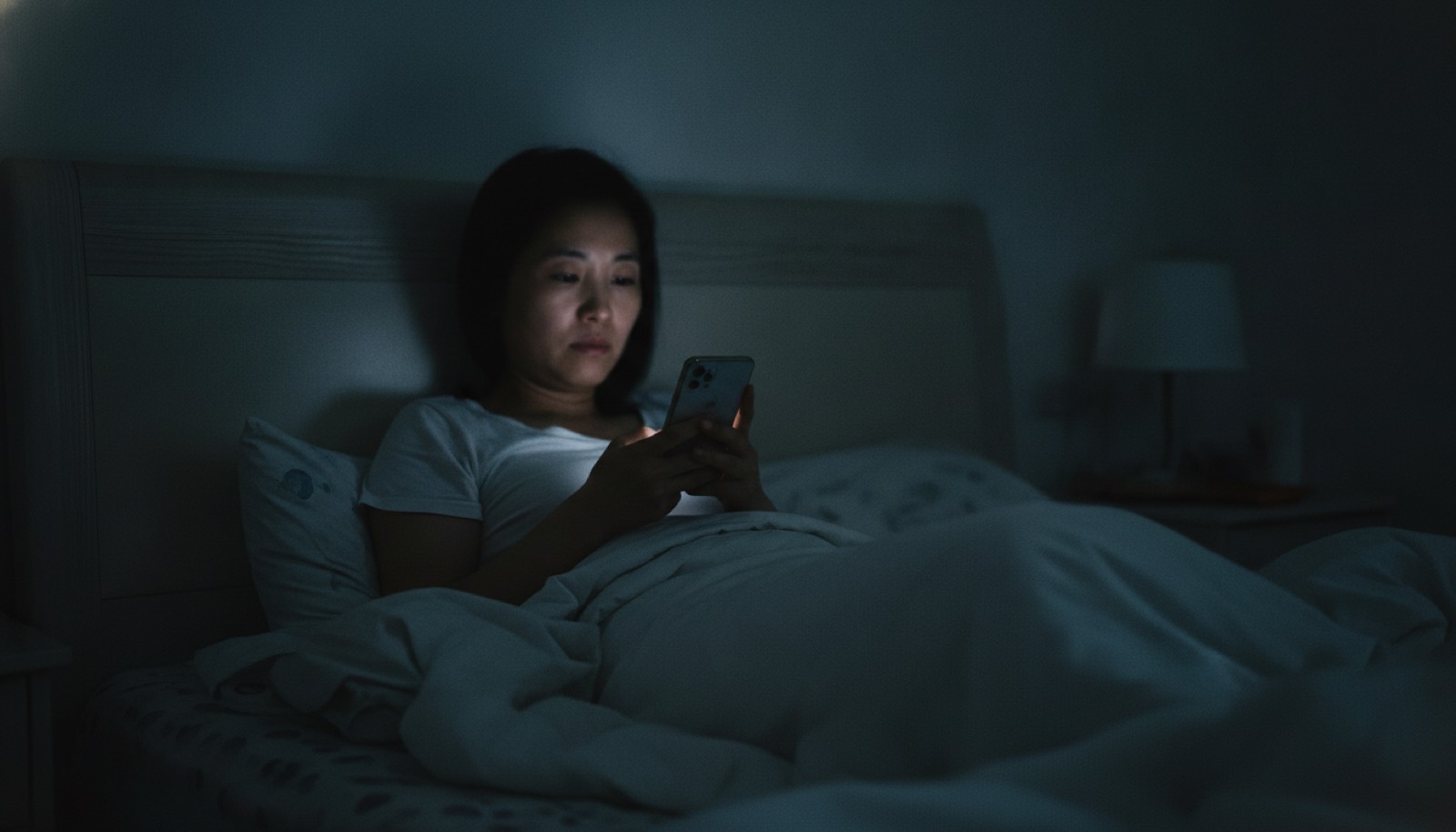深夜卧室妈妈靠床头抱手机搜索神情焦虑手机冷光映脸