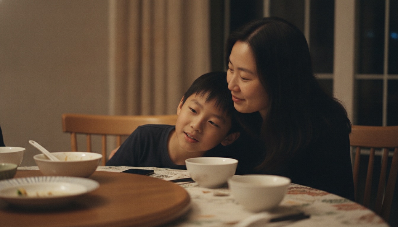 夜晚饭后孩子靠在妈妈身边轻松说着学校的事