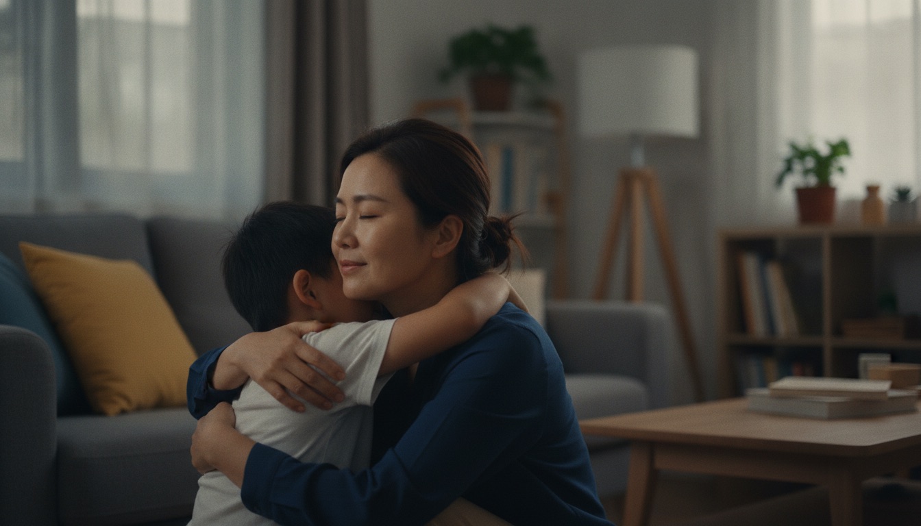 妈妈蹲下来抱住放学崩溃的孩子没有说话