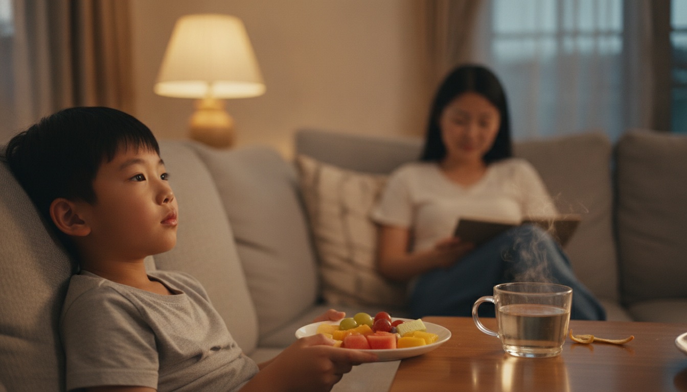 傍晚沙发孩子安静吃水果发呆妈妈不打扰