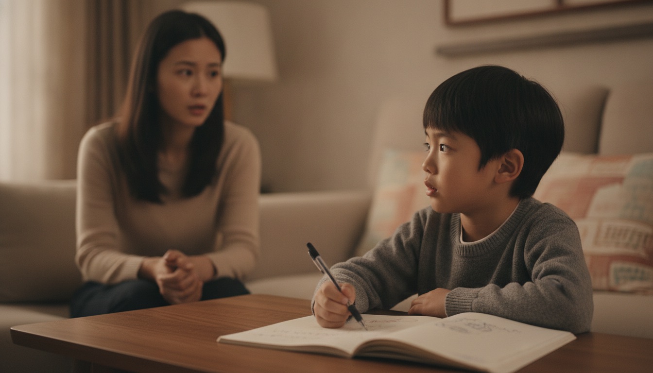客厅里孩子放下笔转头看向妈妈眼神小心翼翼妈妈怔住有些心疼