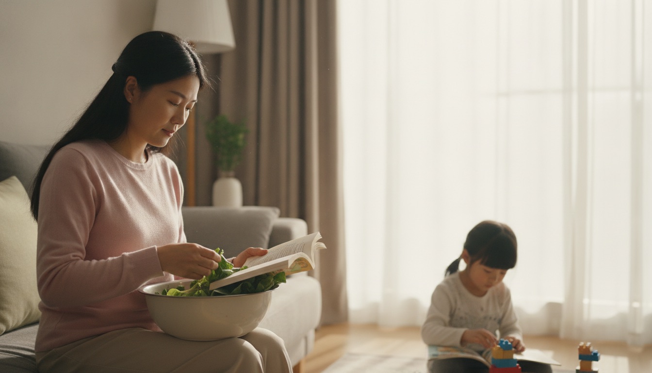 明亮客厅里妈妈低头专注择菜神情放松不远处孩子自己安静玩着