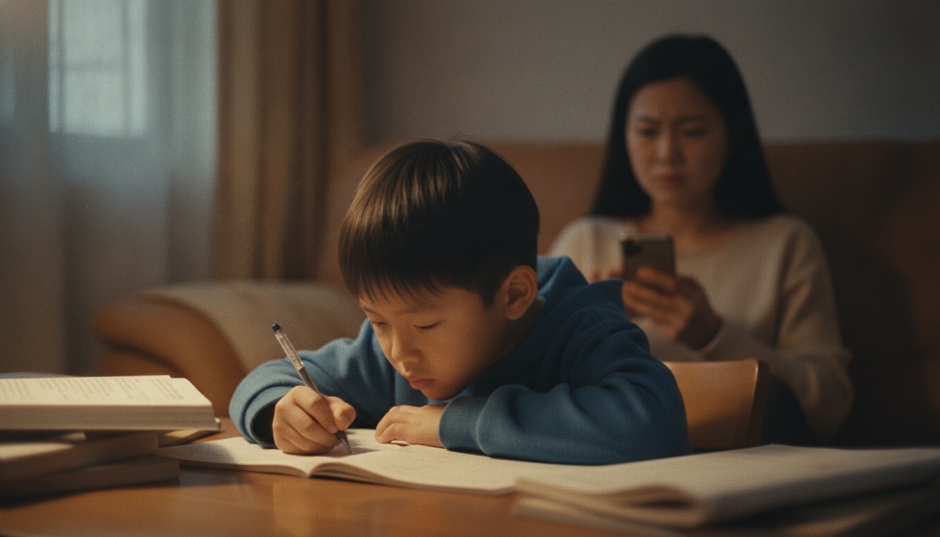 傍晚客厅孩子写作业妈妈坐在沙发上装作看手机眼角却一直追着孩子紧绷