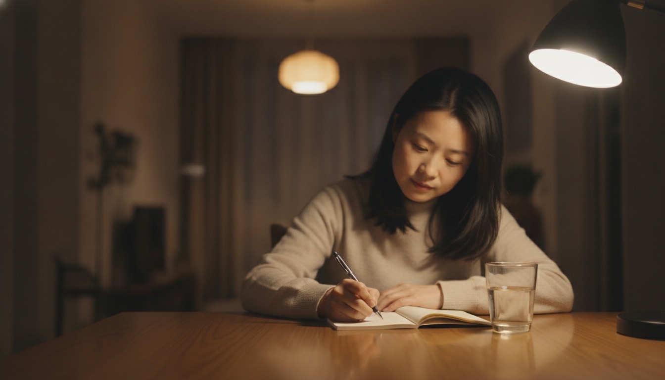 夜晚孩子睡下后妈妈独自在台灯下的小本子上写两行字神情平和