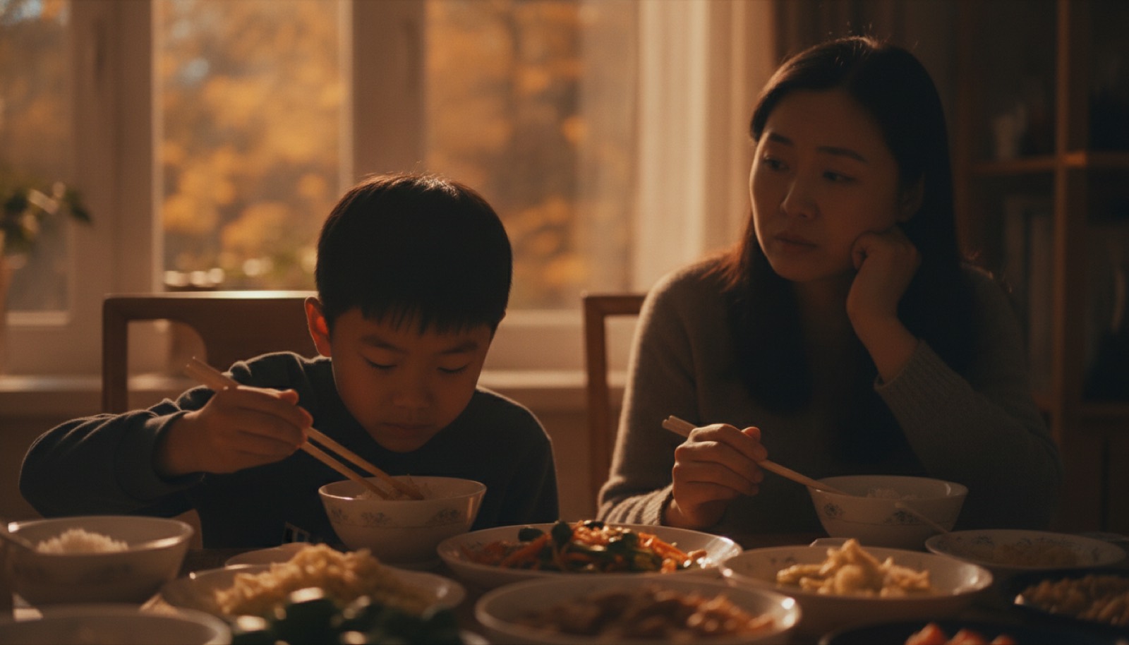 秋日傍晚餐桌孩子对着饭菜没胃口妈妈在旁边发愁