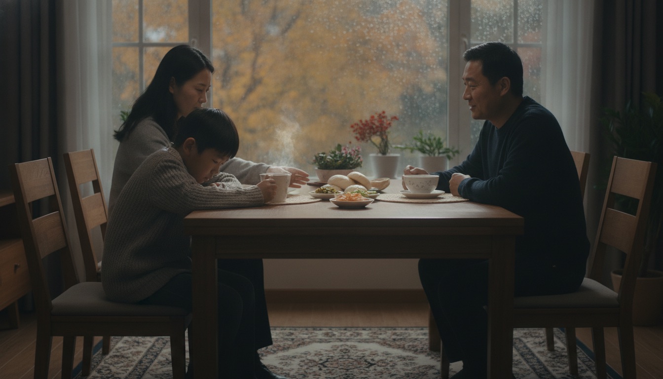 深秋清晨窗外飘着细雨,一个 8 岁中国男孩缩着肩膀坐在餐桌前,手捧一杯温热的水,神情有点没精神,氛围微凉又带着家的温度