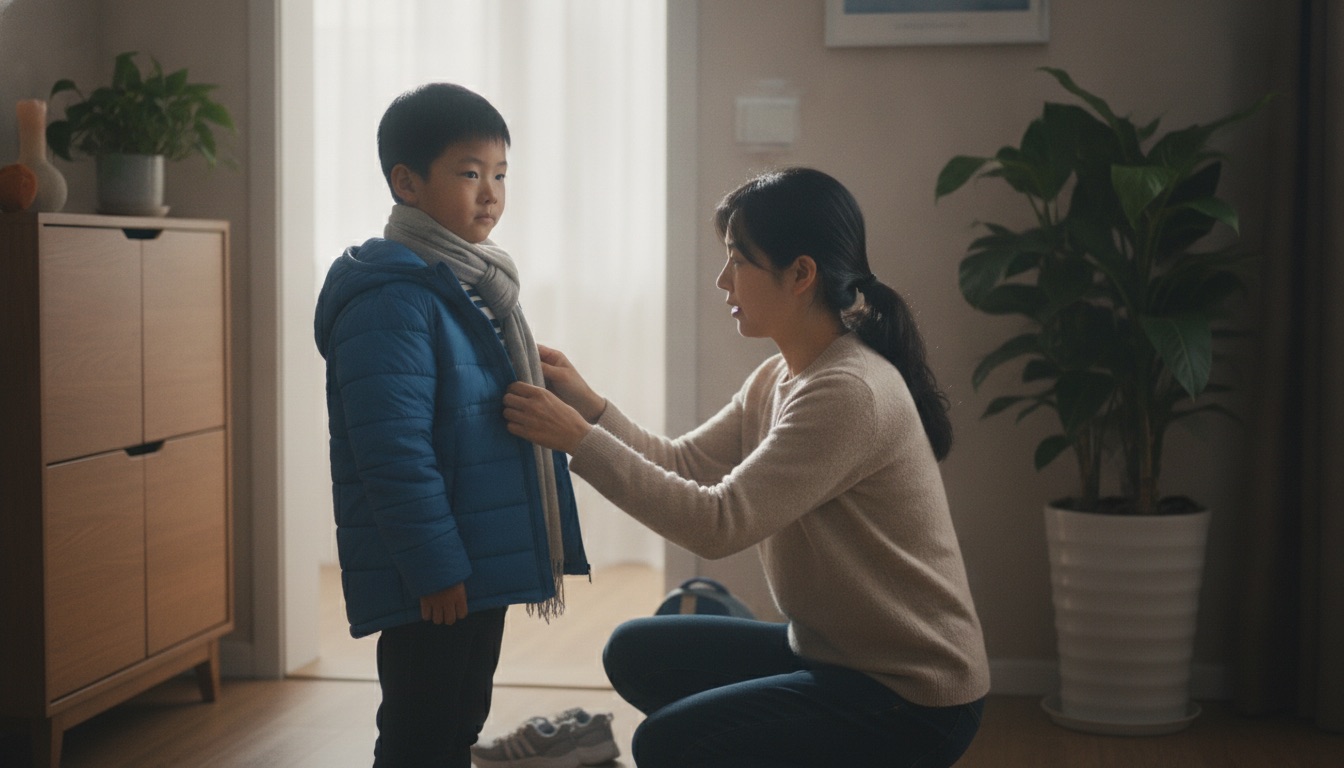 清晨玄关妈妈蹲下给男孩拉好外套拉链围上围巾