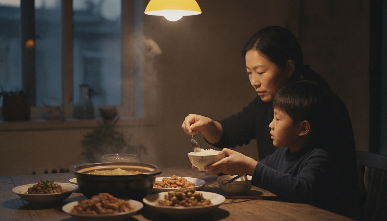 傍晚餐桌冒热气的家常饭菜和热汤妈妈给男孩盛饭