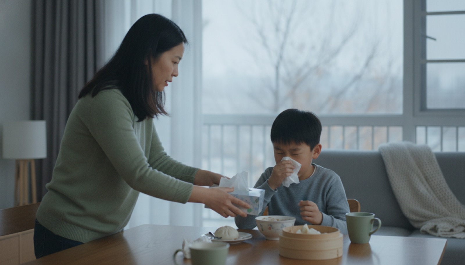 初秋清晨客厅男孩揉鼻子打喷嚏妈妈在旁递纸巾