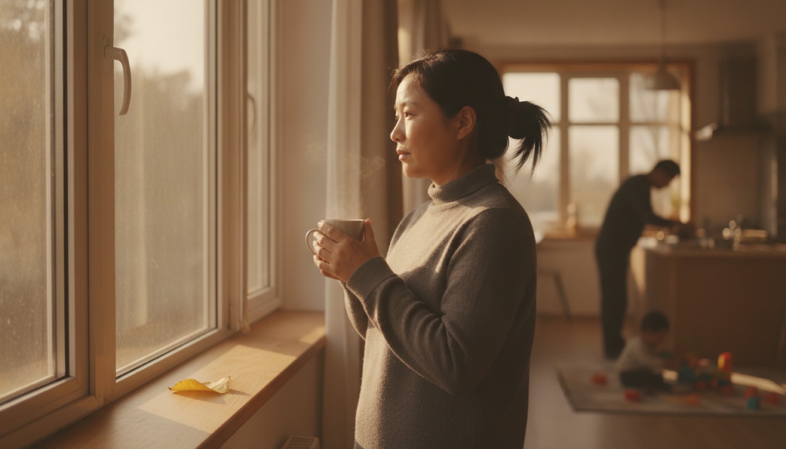 立秋清晨妈妈端热水站窗边看窗外落叶