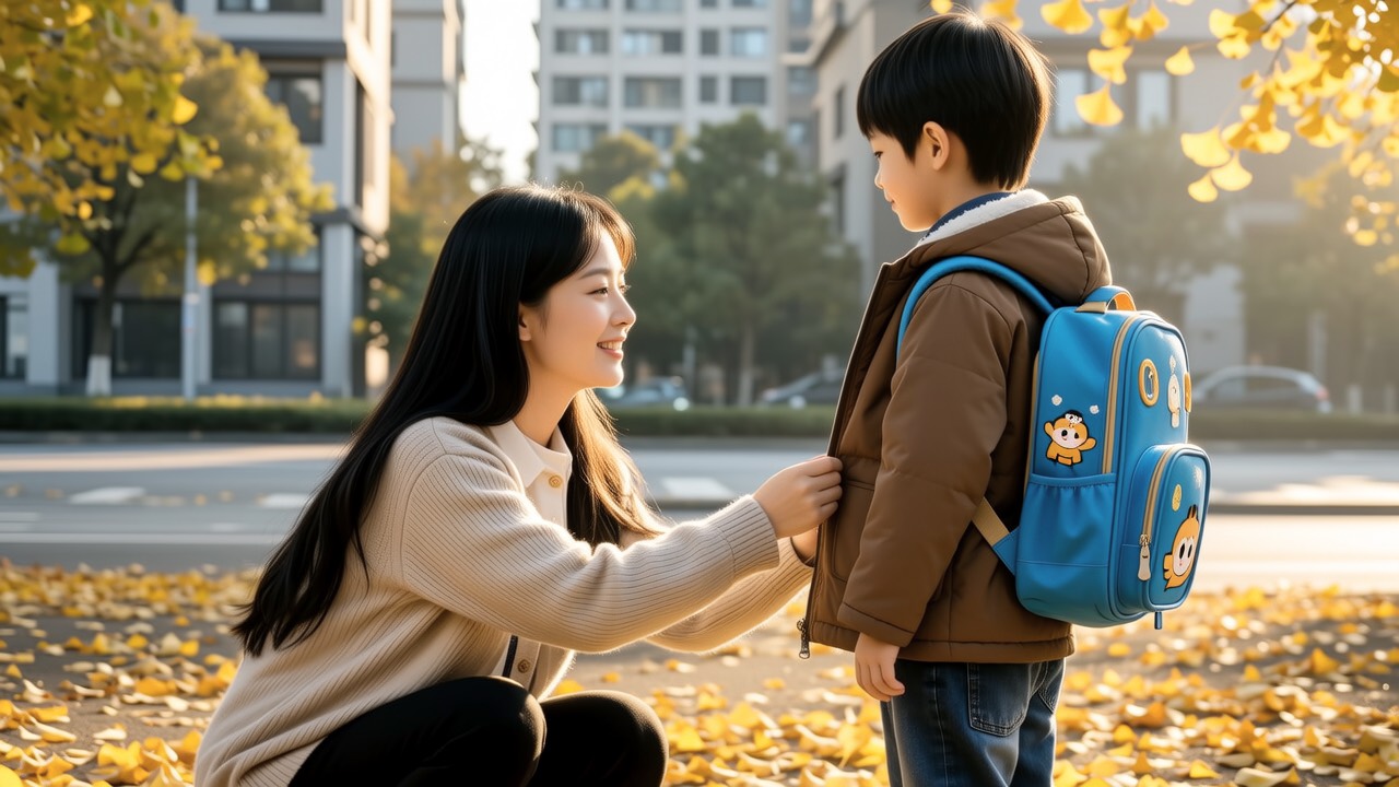 秋日傍晚小区楼下妈妈蹲着给男孩拉外套拉链准备下楼