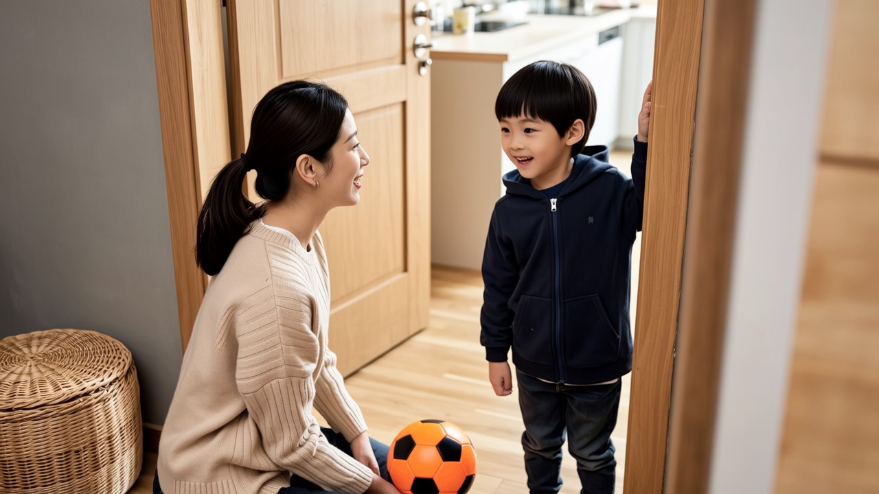 秋日门口妈妈半蹲问孩子今天想不想动孩子穿外套站门边