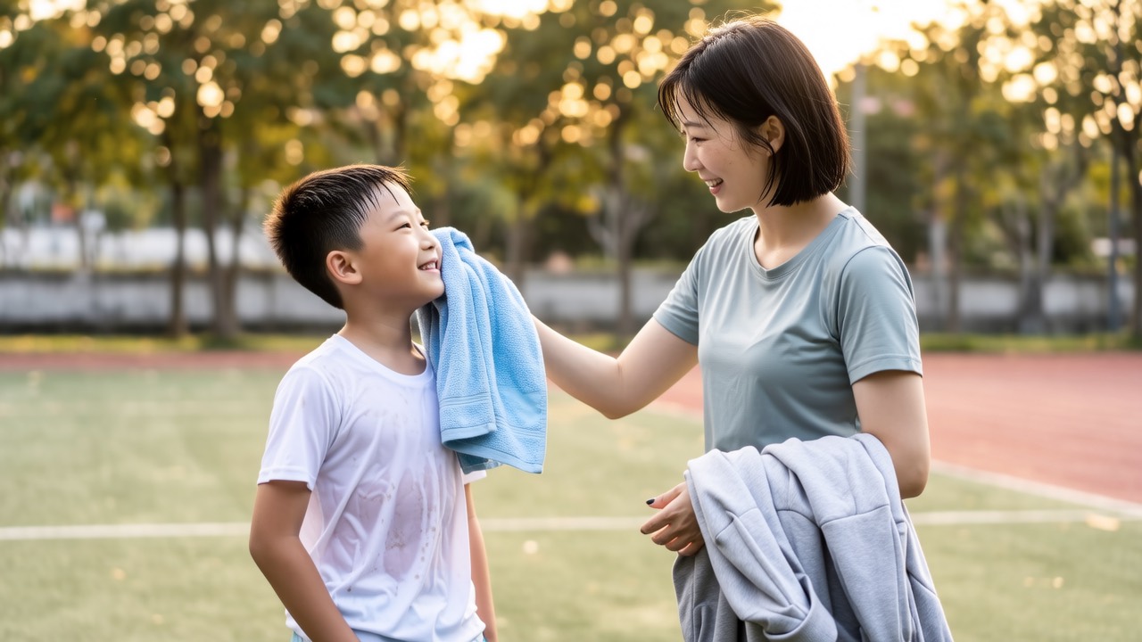 秋日操场边妈妈用毛巾给满头汗的男孩擦背手里搭着干外套