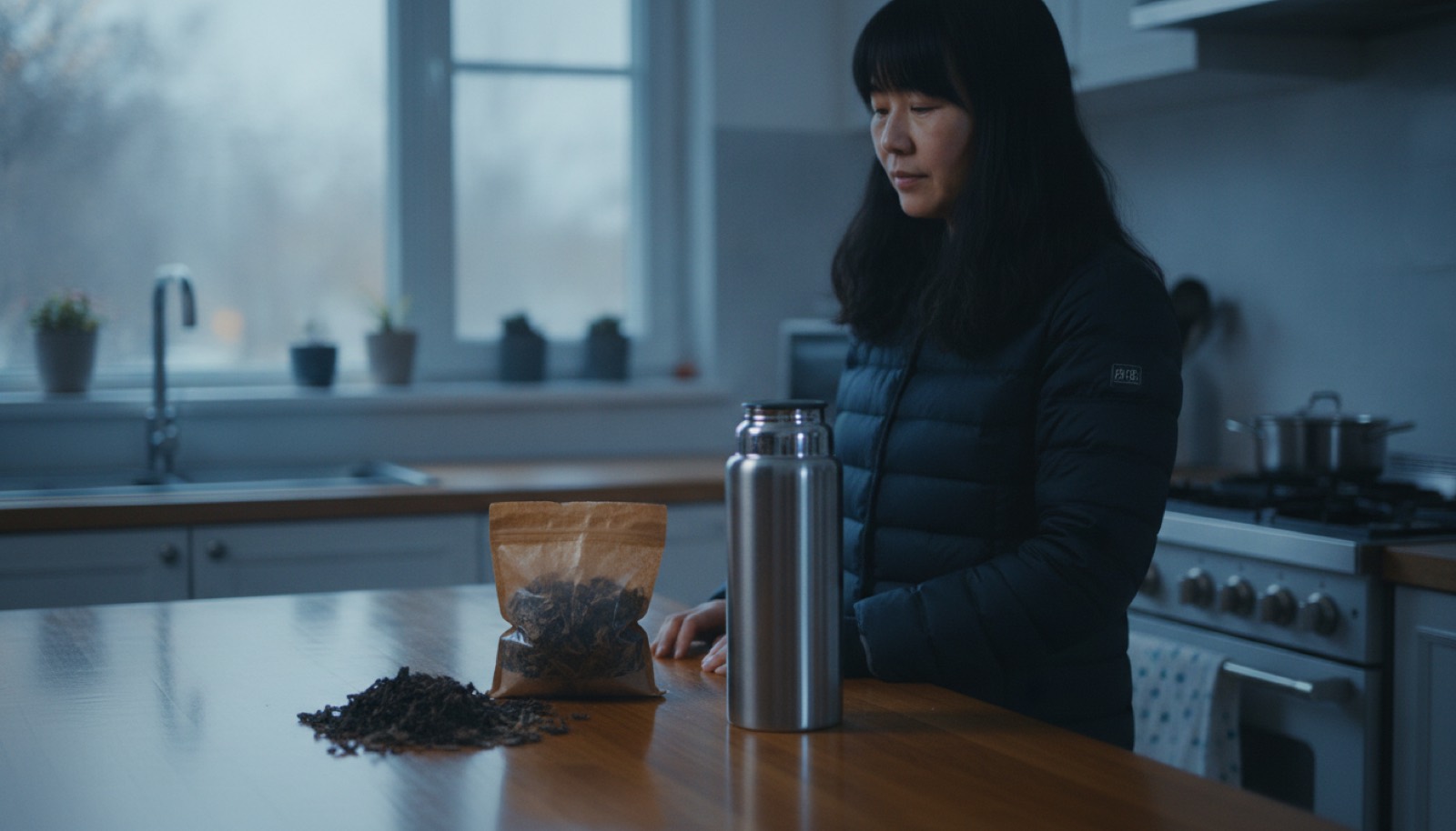 清晨厨房台面上一袋深色中药和一只保温杯,窗外光线偏凉,氛围换季的安静
