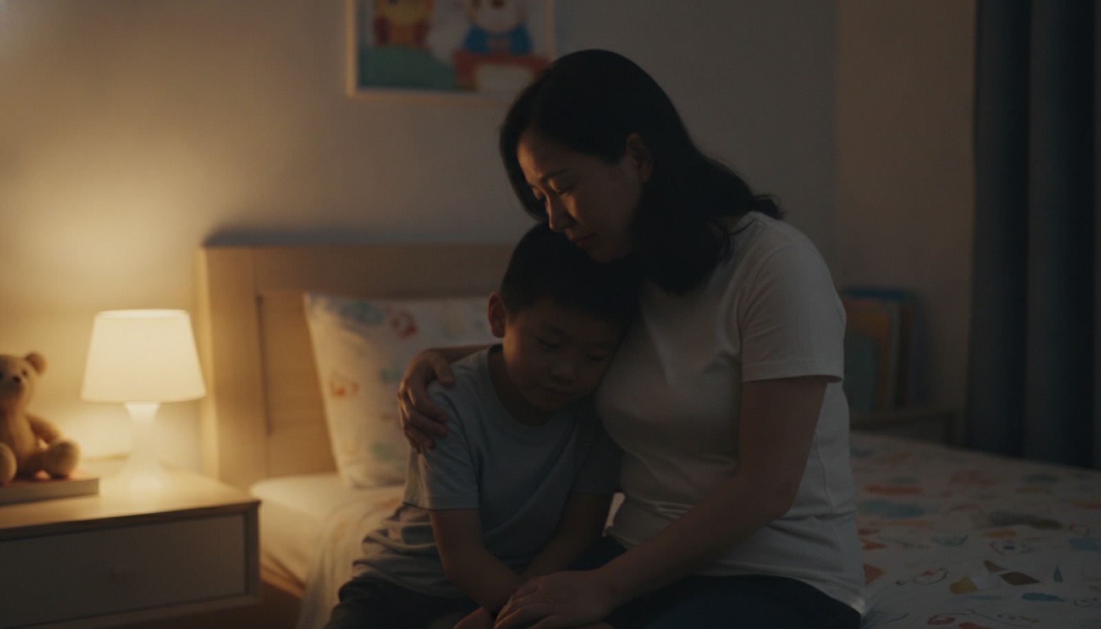 夜晚孩子房间妈妈搂着男孩靠在肩上轻拍后背