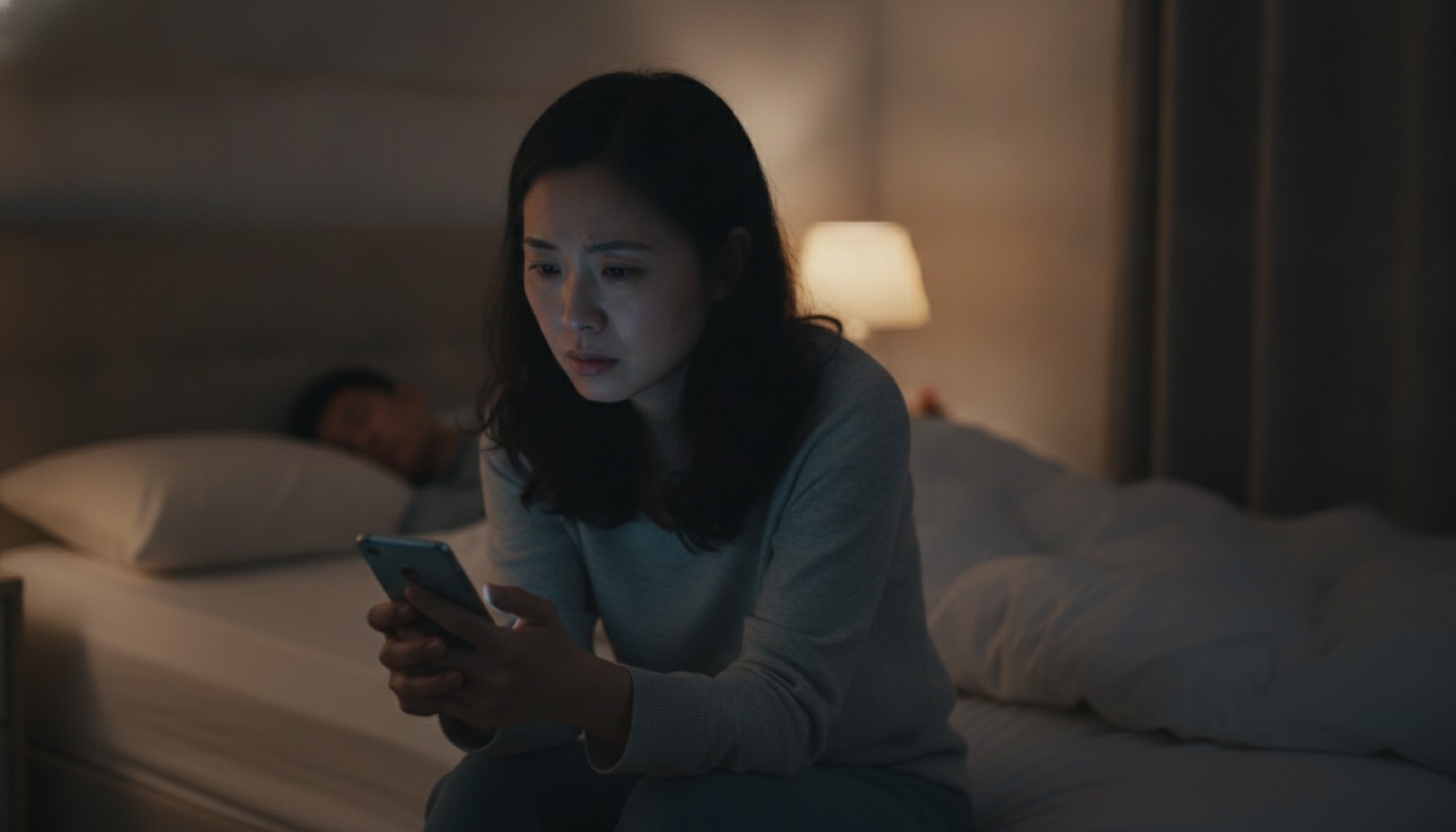 夜晚卧室妈妈坐床沿低头出神攥着手机