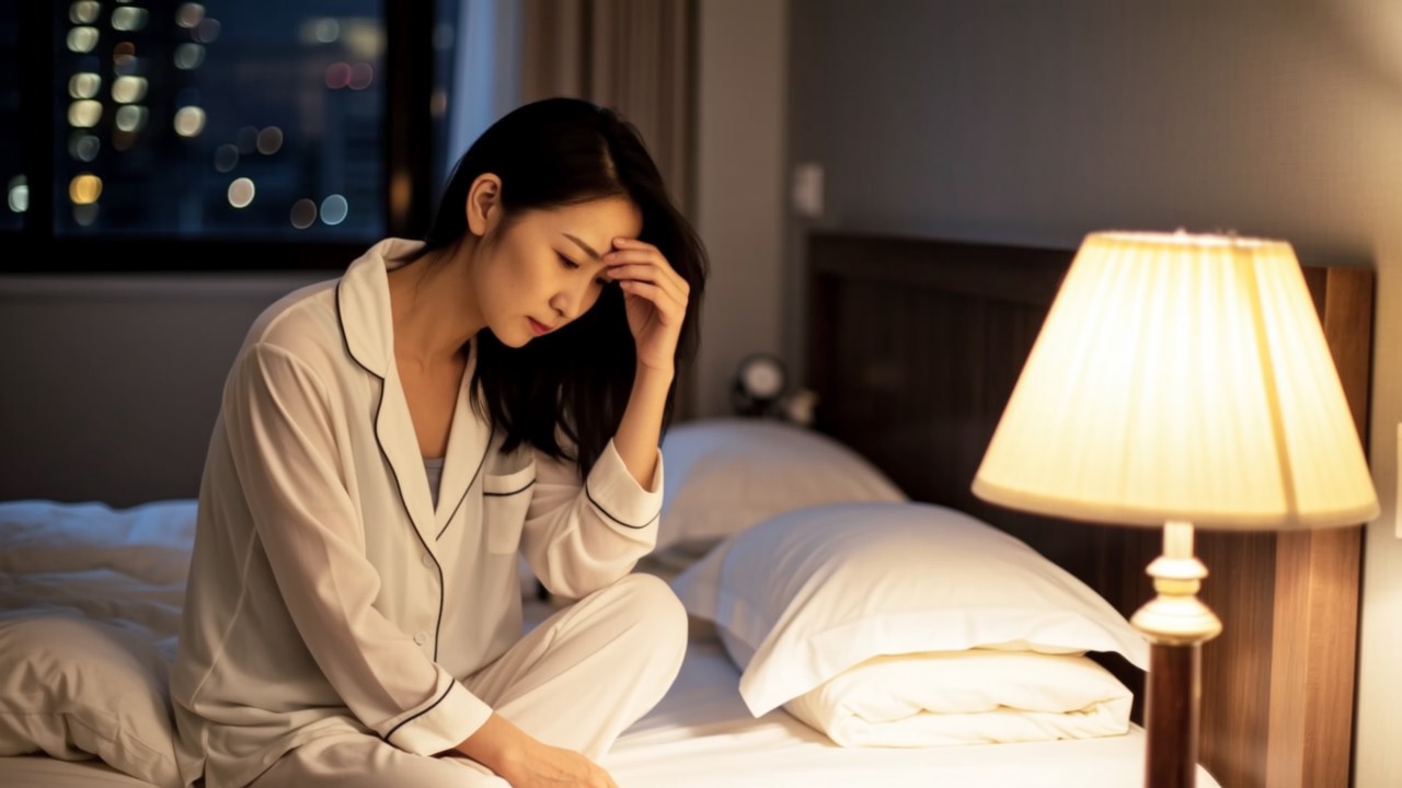 夜晚床边妈妈扶额出神在纠结