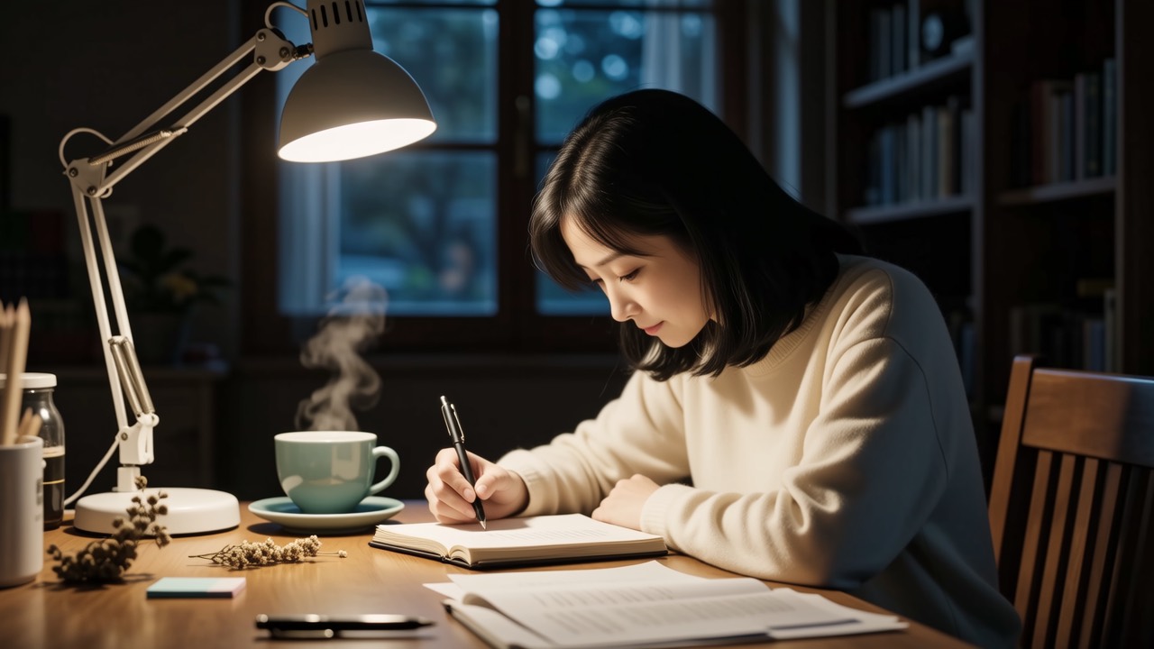 夜晚书桌妈妈在手账本上认真写记录