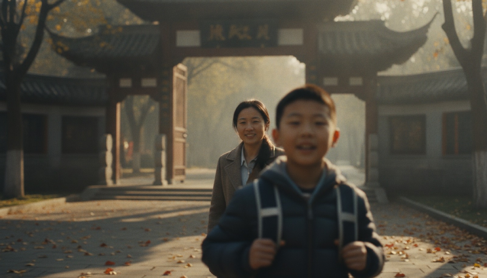 秋天清晨小区门口孩子精神地准备上学妈妈微笑目送