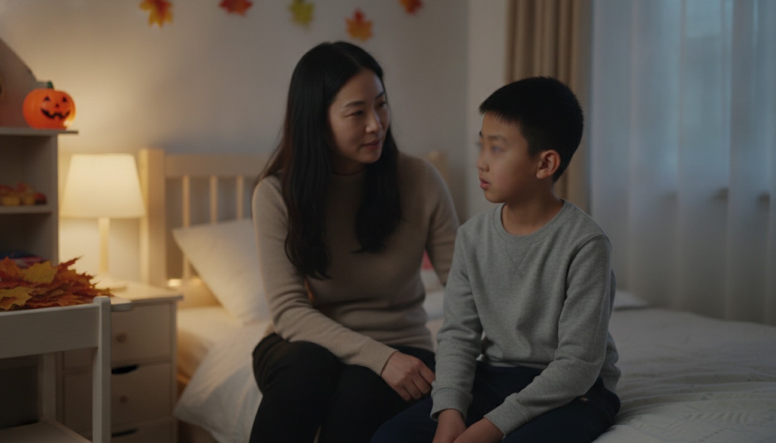 秋天夜晚儿童房妈妈坐床边陪孩子聊天孩子放松