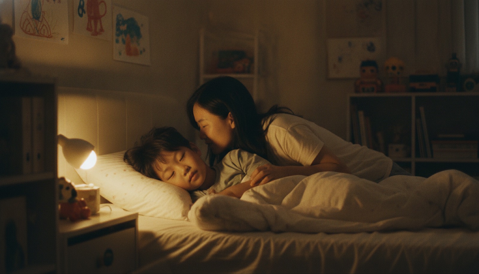夜晚儿童卧室孩子躺床上准备睡觉妈妈坐床沿说话