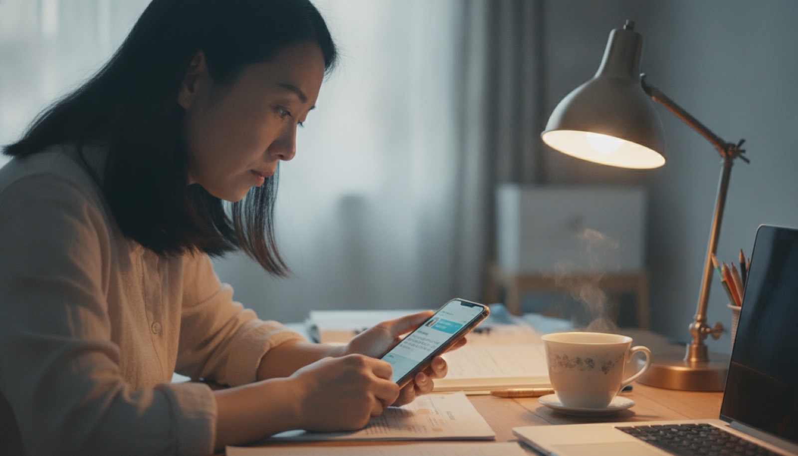 中国家庭书桌前妈妈坐着看手机给班主任发微信
