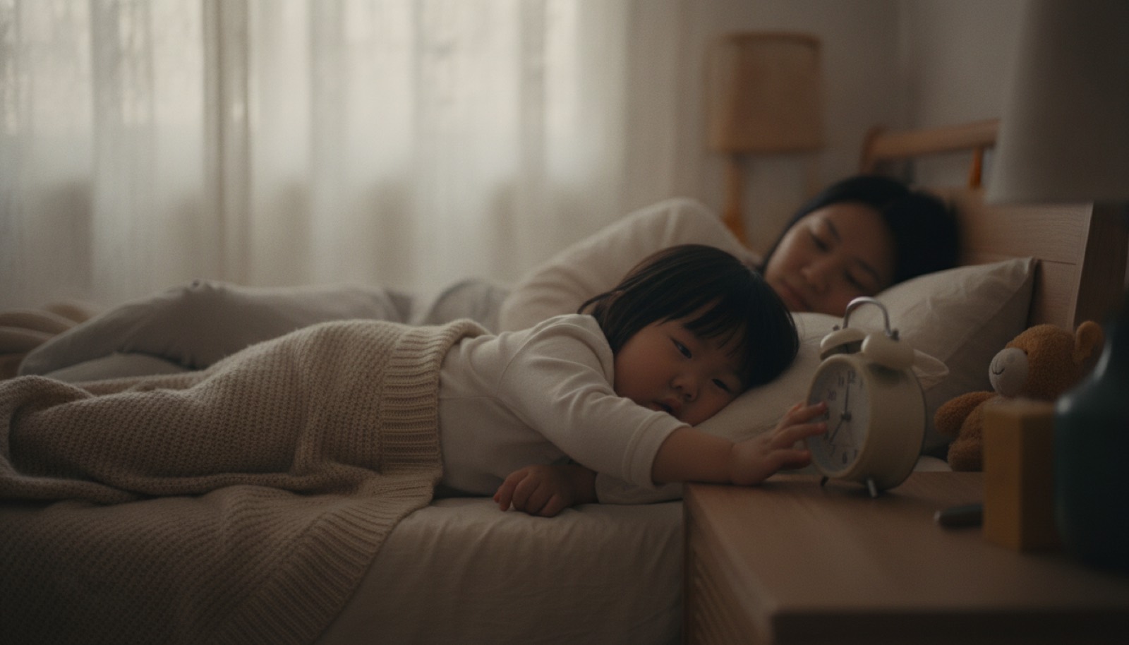 清晨卧室窗帘透进柔光,孩子在闹钟旁慢慢睁眼准备起床,氛围安静温暖