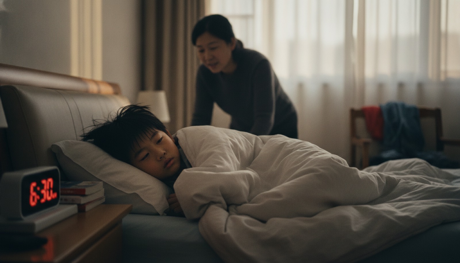 清晨卧室孩子缩被子里叫不醒妈妈床边轻声叫他