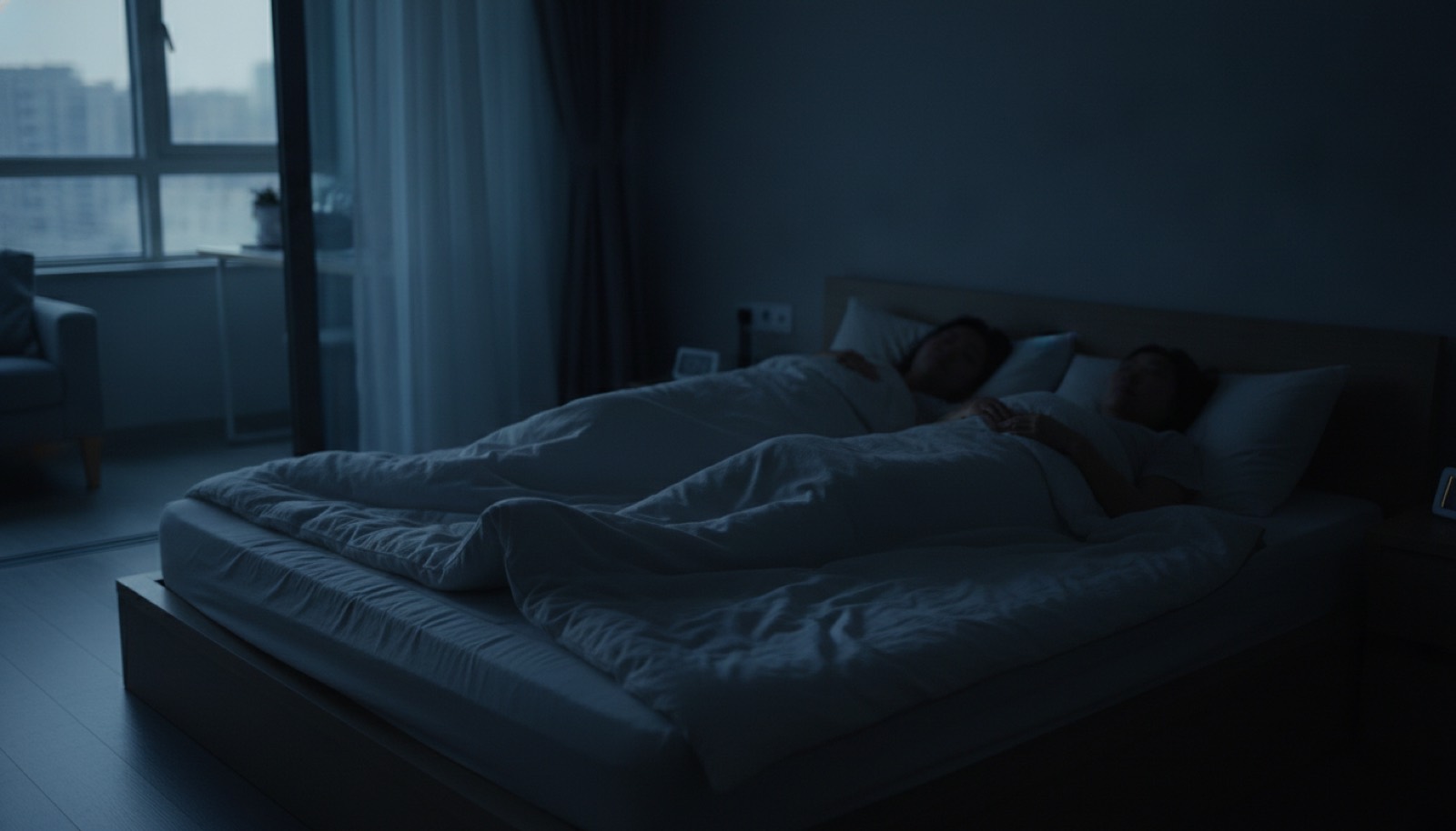 夜晚卧室夫妻俩关灯躺下准备睡手机没带进卧室