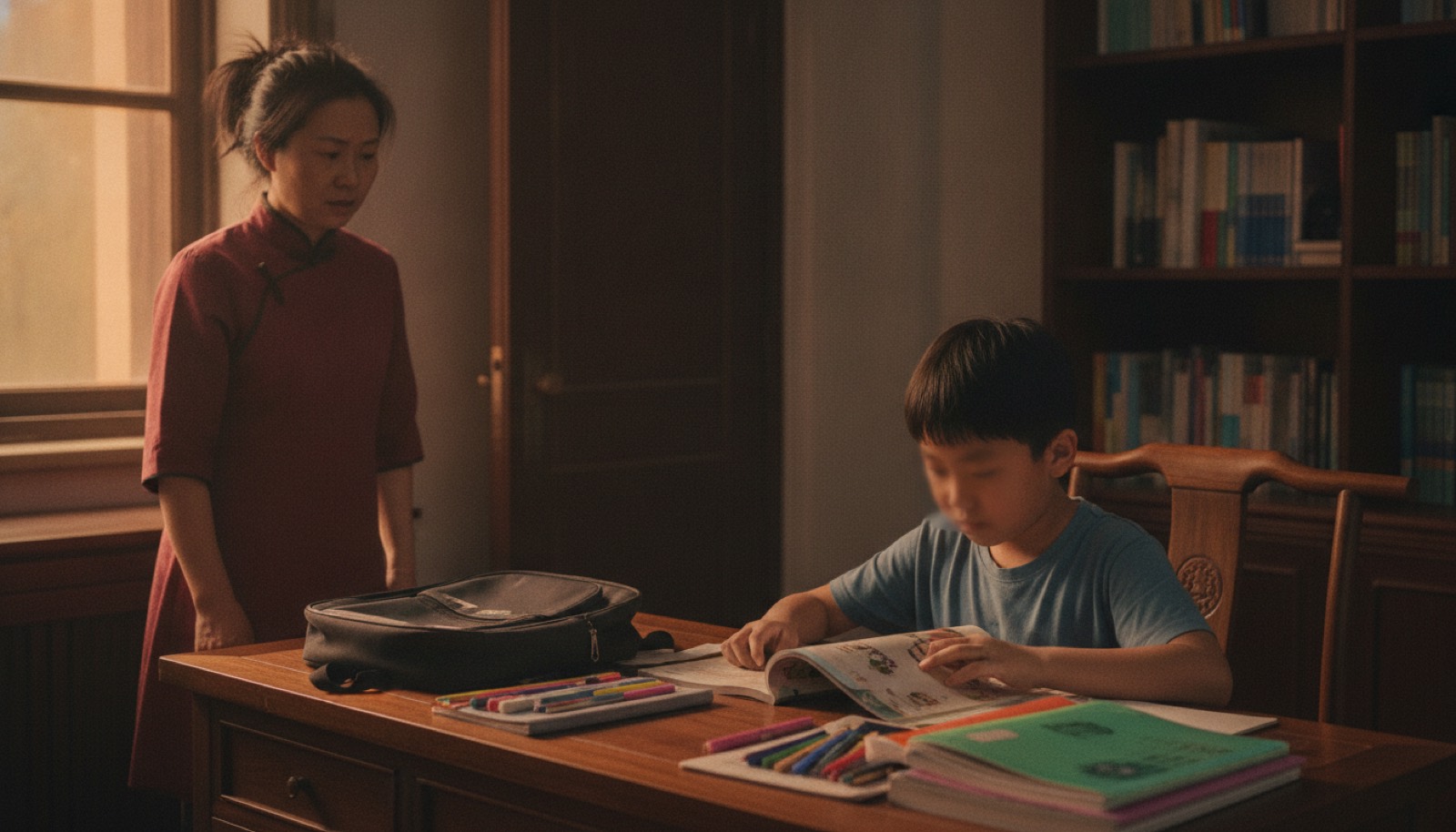 书房妈妈担忧望着书桌前翻新课本的孩子