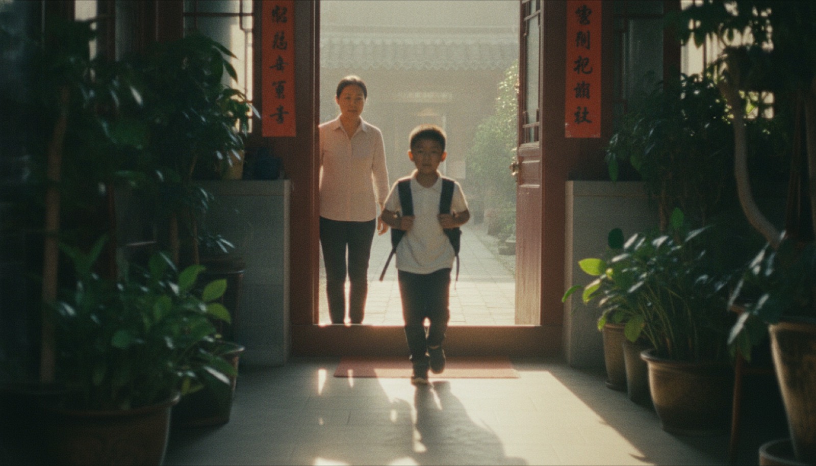 清晨门口妈妈平静目送背书包上学的孩子