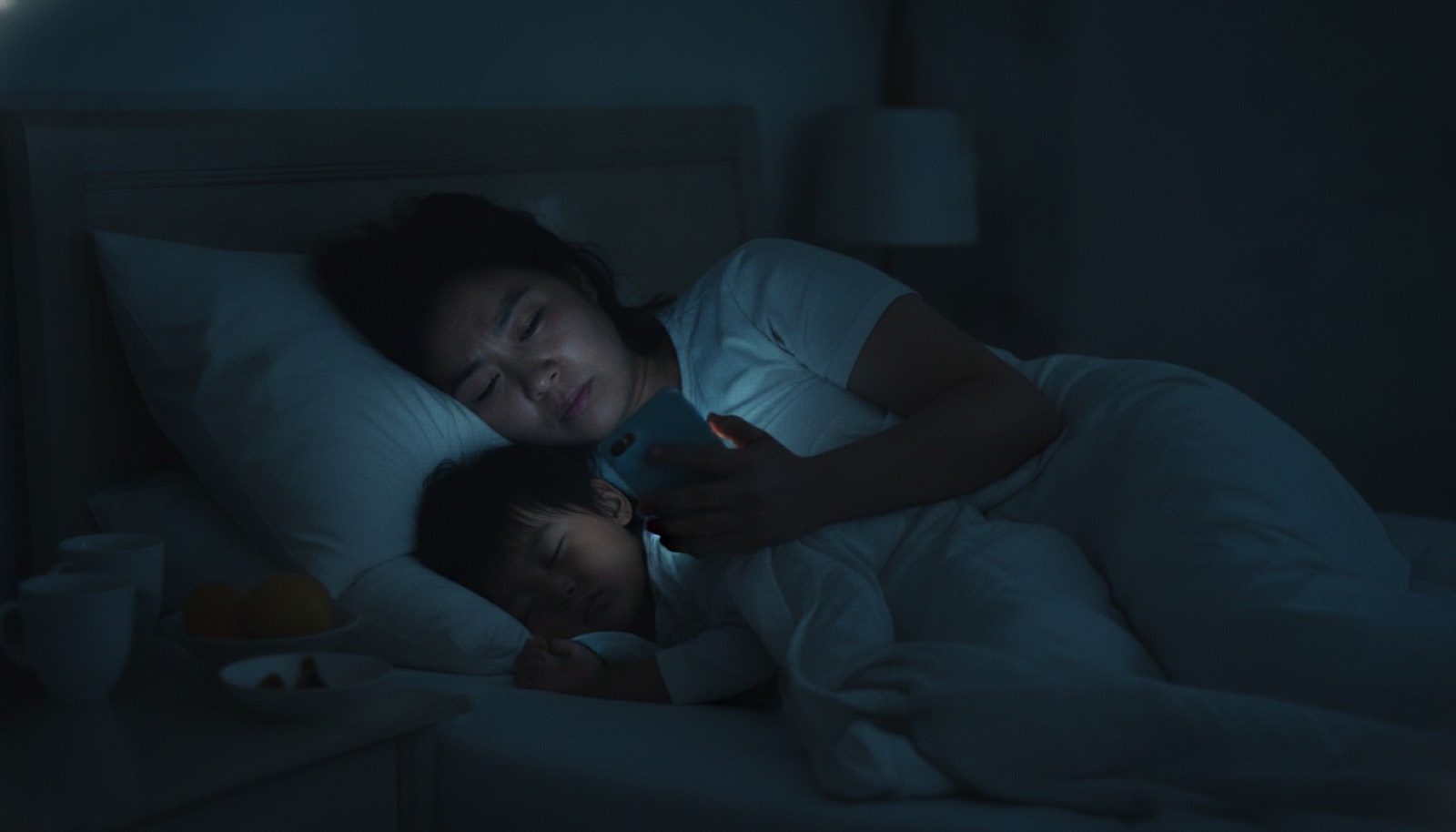 深夜卧室妈妈侧躺看手机屏幕光打在脸上