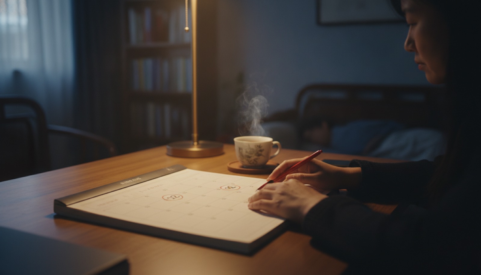 夜晚书桌上一本翻开的日历本上圈着几个日期旁边一杯茶,光线柔和,氛围安静观察