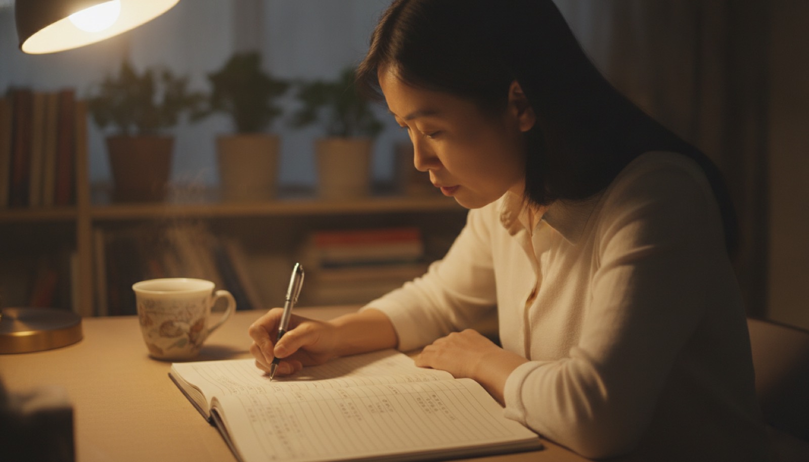 夜晚书桌妈妈在手账本上写分成四栏的记录表